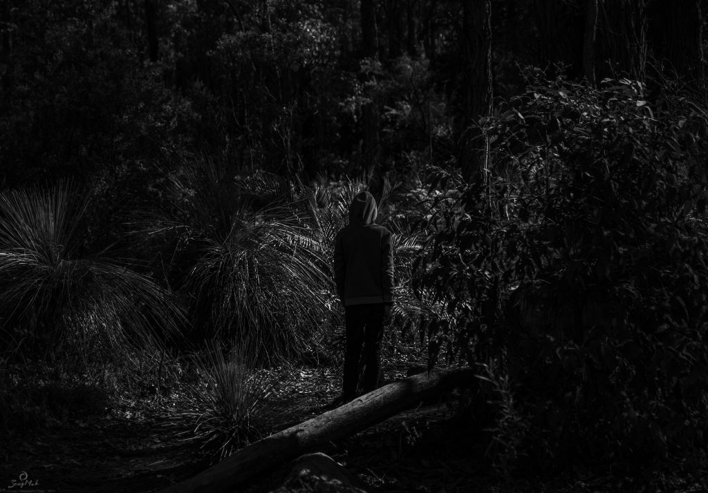 An eerie black and white image of a hooded figure standing in a forest.