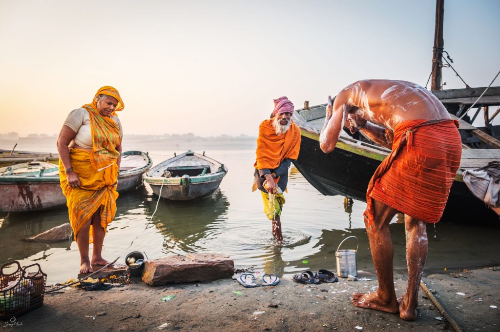 Morning bathers on the ghats in Varanasi, India.