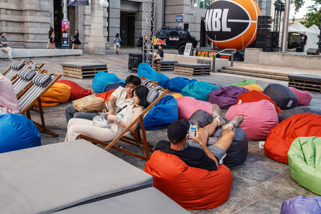 Street photographed of layered scene in Forrest Place Perth.
